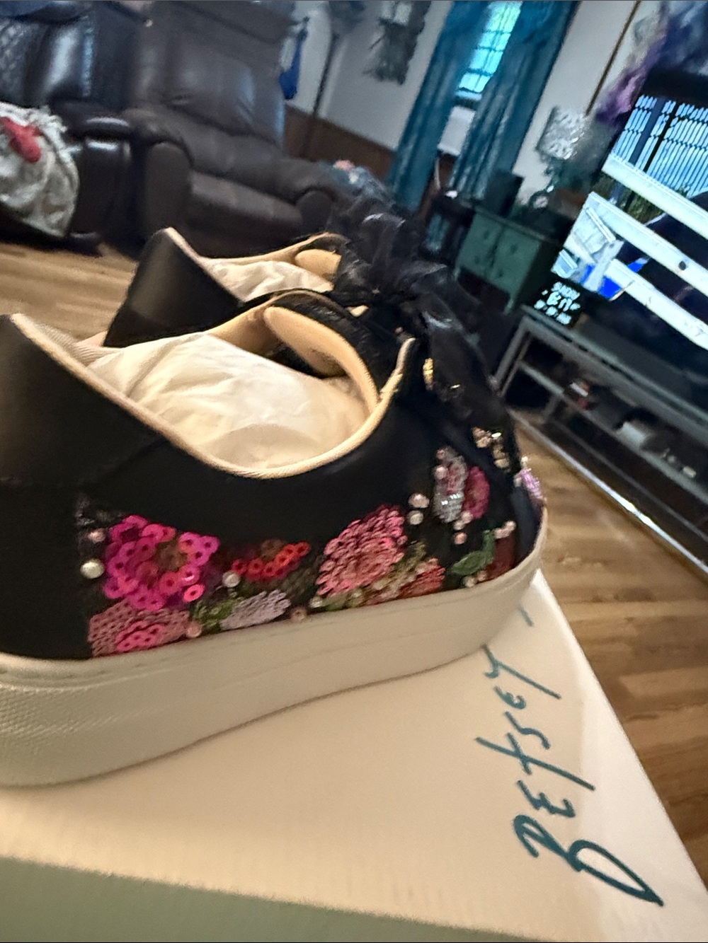 Betsey Johnson Black Sequin Floral Ribbon Lace Sneakers - Picture 3 of 6